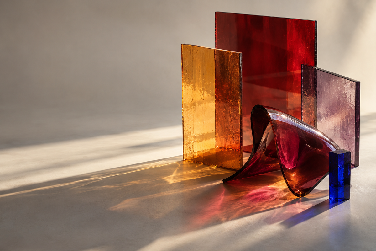 DAGIRA editorial artwork: coloured architectural glass and shadows. AI-generated brand composition, not a product photograph.